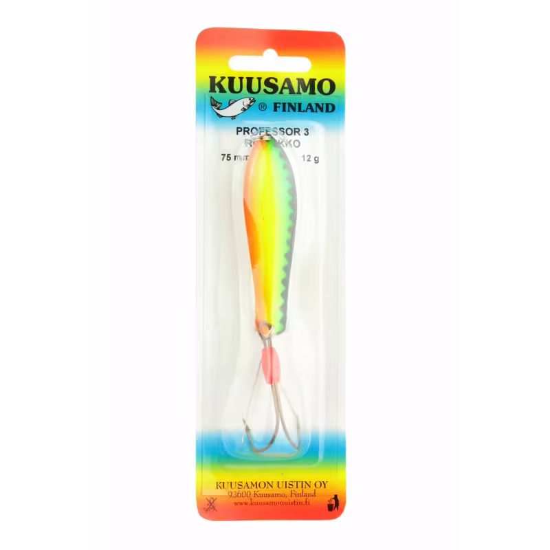 Блесна колеблющаяся Kuusamo Professor 3 (незацепляйка), 75 мм, 12 гр, цвет BL/GR/FYe/FR-S