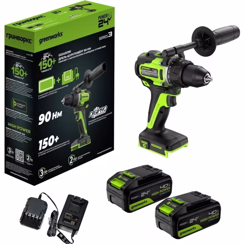 Дрель акк. GREENWORKS GD24DD90 (24В,1х4 А/ч, 90Нм, ЗУ,БЗП 13мм, бесщеточ., 2.54кг, картон)