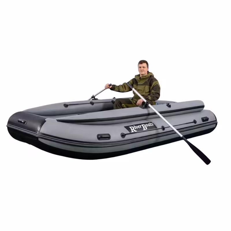 Лодка надувная ПВХ с фальшбортом RiverBoats RB-370, пайол фанерный, серый/черный