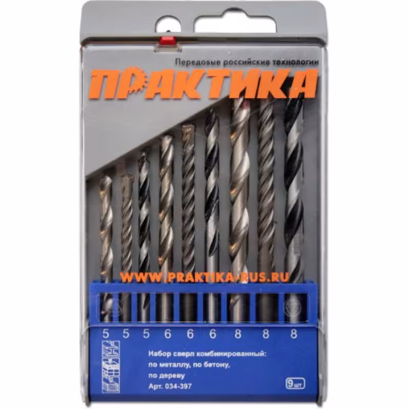 Набор сверл ПРАКТИКА по мет/бет/дер 9 шт.