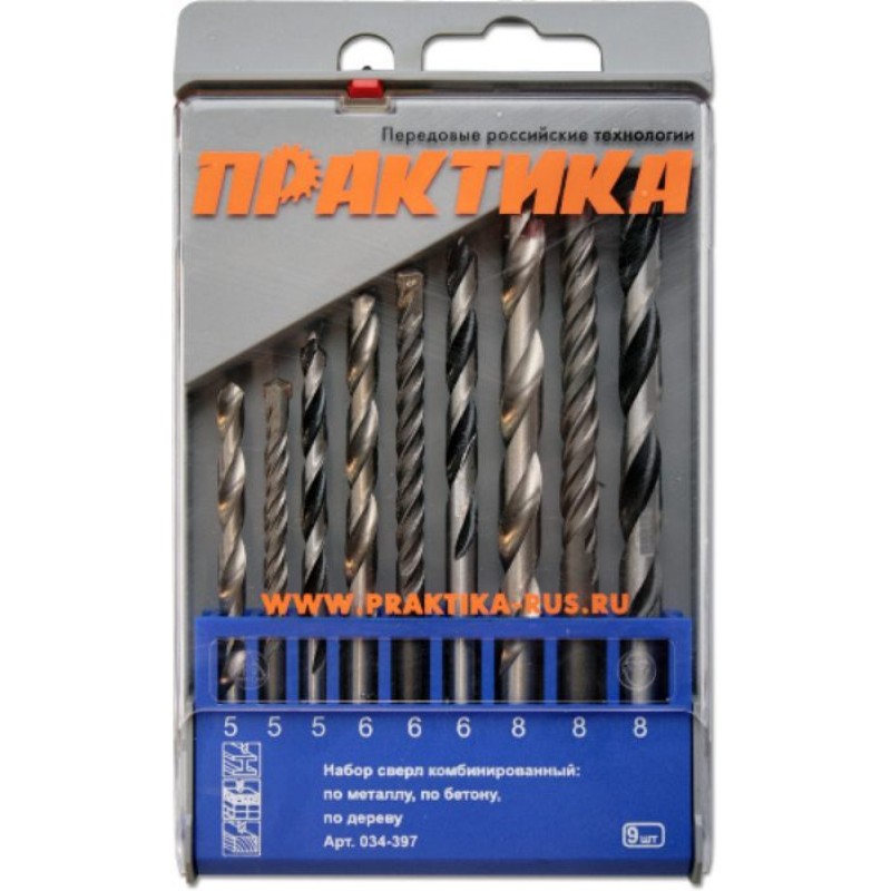 Набор сверл ПРАКТИКА по мет/бет/дер 9 шт.