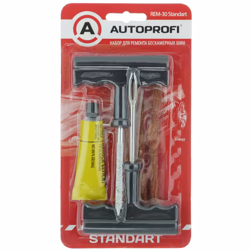 Набор для ремонта бескамерных шин Autoprofi REM-30 Standart (шило-рашпиль, аппликатор жгута, жгуты, клей)