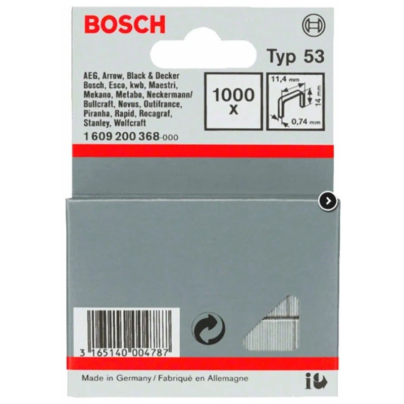 Скобы для степлера Bosch 1609200368, размер 14 мм, Т53, 1000 шт
