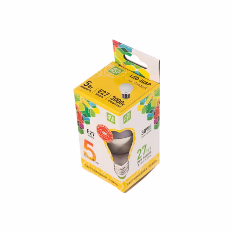 Лампа светодиодная ASD LED Standart 4690612002163, 220В, Е27, 5Вт, 3000К, 450Лм, теплый белый свет