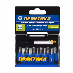 Набор бит Практика "Профи" 036-513 12 шт (PH 3шт, PZ 3шт, LS2шт, Torx 3шт x 25мм, держатель)