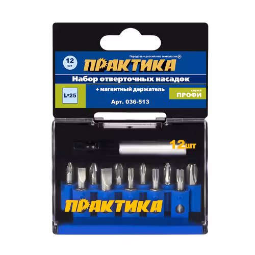 Набор бит Практика "Профи" 036-513 12 шт (PH 3шт, PZ 3шт, LS2шт, Torx 3шт x 25мм, держатель)