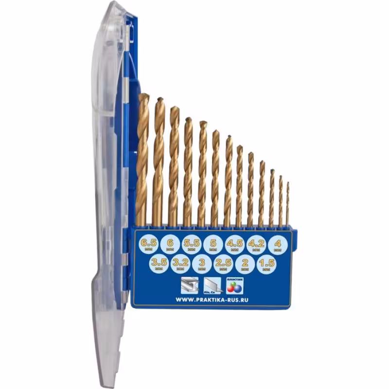 Набор сверл по металлу ПРАКТИКА "Профи", нитрид титана, 13 шт 1,5-6,5 + 3,2, 4,2 мм ПРО кассета