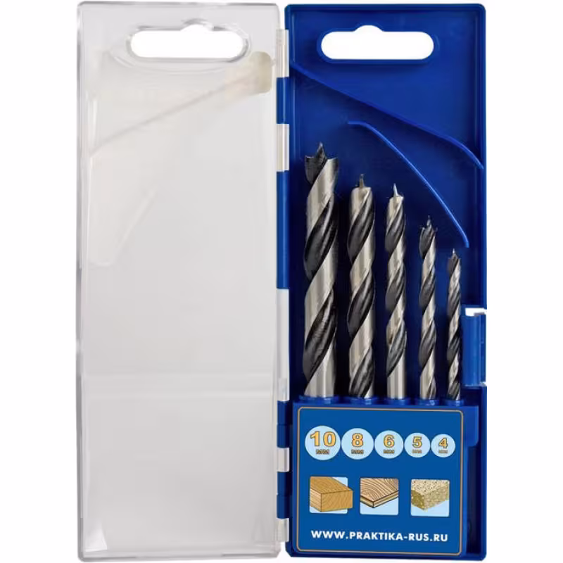 Набор сверл по дереву ПРАКТИКА "Профи", 5 шт, 4, 5, 6, 8, 10 мм, ПРО кассета