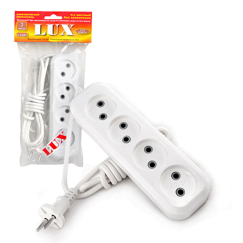 Удлинитель сетевой четырехместный без заземления Lux У4-О-03 (10А, 250В, 3 м)