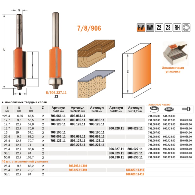 Фреза обгонная с подшипником CMT 906.629.11, D=12,7 мм