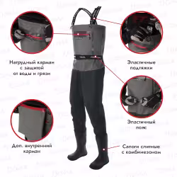 Полукомбинезон-вейдерсы Finntrail Airman, мембрана Hard-Tex, серый, размер XL/45, 180-190 см