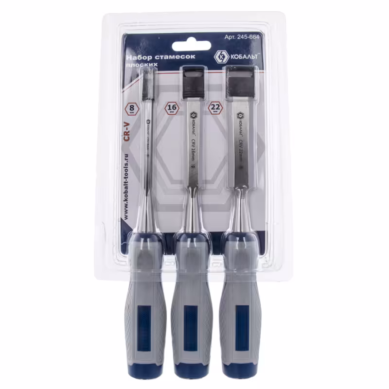 Набор плоских стамесок Кобальт 245-664, 8, 16, 22 мм