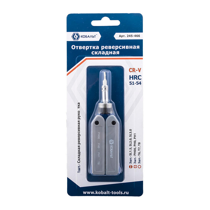 Отвертка-рукоятка реверсивная для точных работ PH, SL, T с набором бит Кобальт CR-V 245-466, 9 предметов