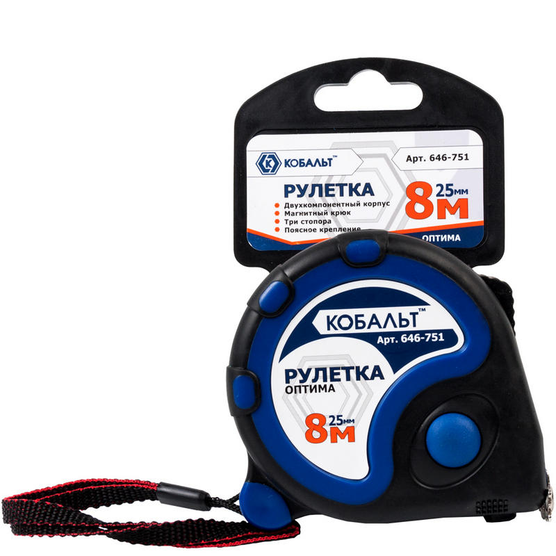 Рулетка строительная Кобальт Оптима 646-751, 8 м х 25 мм