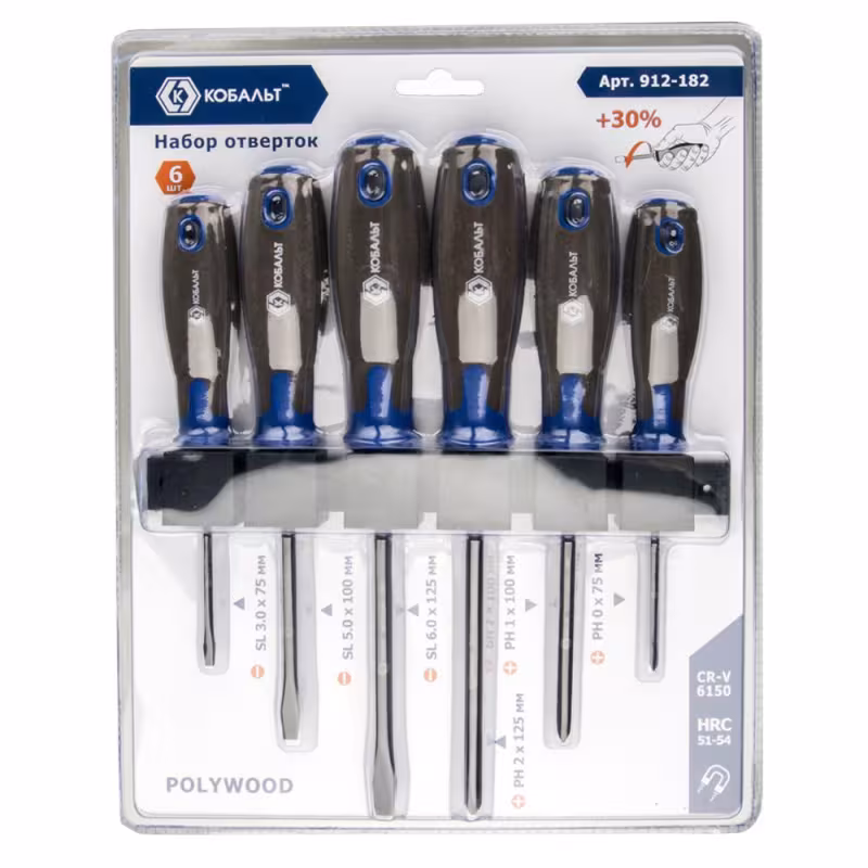 Набор отверток PH, SL Кобальт CR-V Polywood 912-182