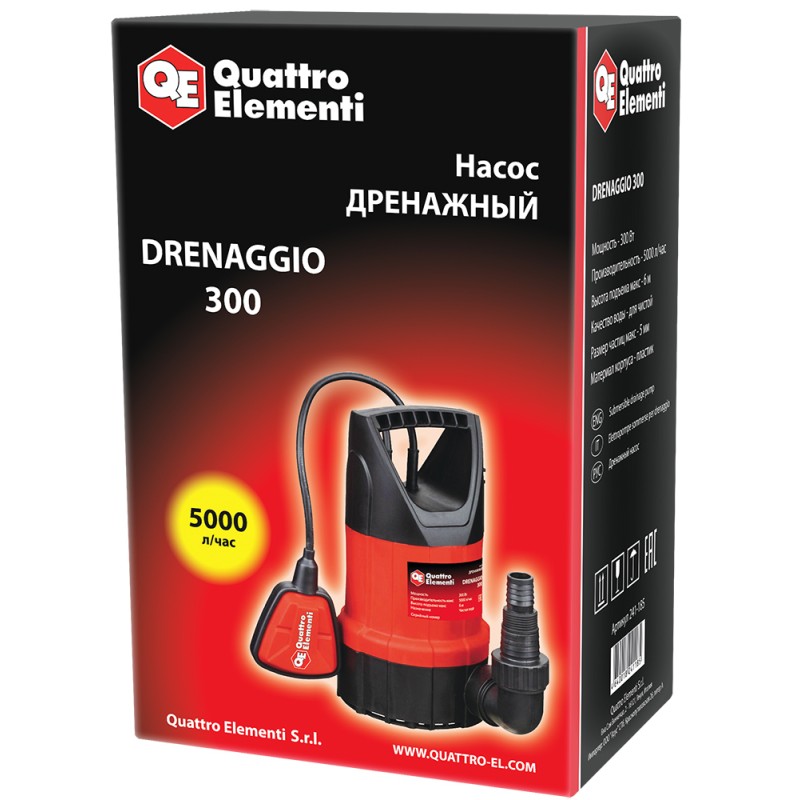 Насос дренажный QUATTRO ELEMENTI Drenaggio 300 (300Вт, Qmax 5000л/час, Hmax 6м, примеси 5мм, чистая вода)