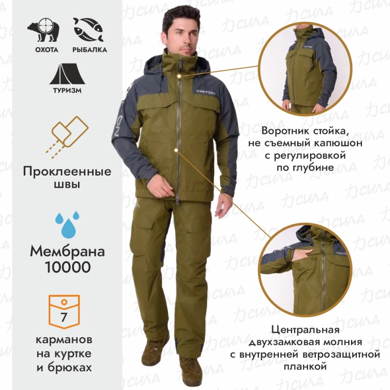 Костюм мужской Triton Gear PRO Angler, ткань Таслан, хаки/серый, размер 56-58, 170-176 см