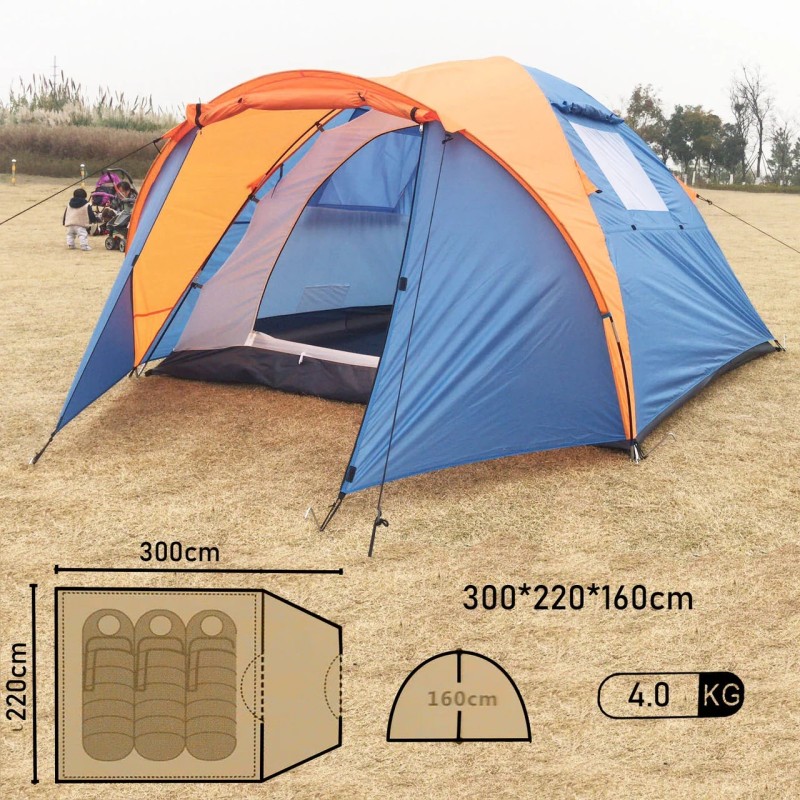Палатка кемпинговая Mimir ART1011, 3-местная, 300х220х160 см, синий/оранжевый