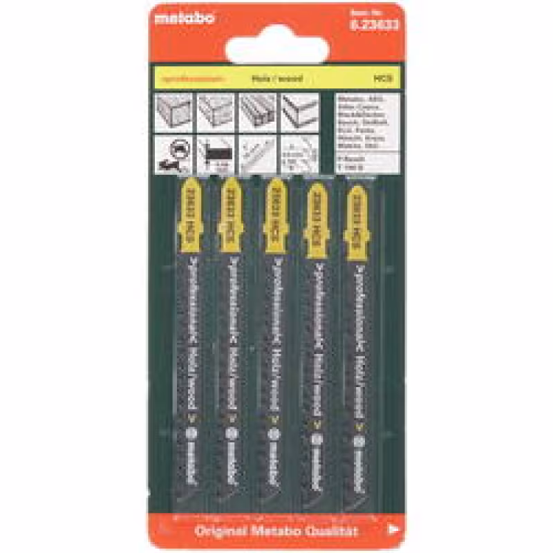 Пилки д/лобзика по дереву METABO T144D (75х1.25мм HCS, шаг 4мм, быстрый рез, в упак 5шт) 1шт