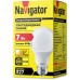 Лампа светодиодная Navigator NLL-A60-7-230-2.7K-E27, 220V, E27, 7 Вт, 2700K, 525lm, теплый белый свет