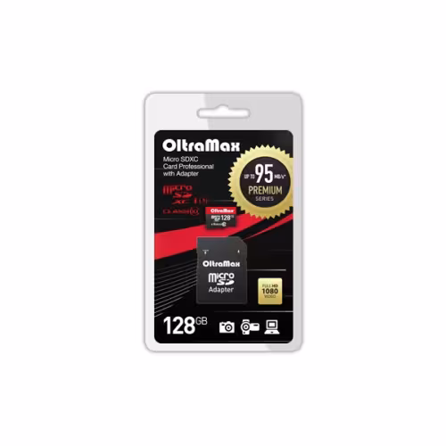 Карта памяти OltraMax 128 Gb microSDXC Class10 UHS-1 Premium (U3), с адаптером SD 95 МВ/s