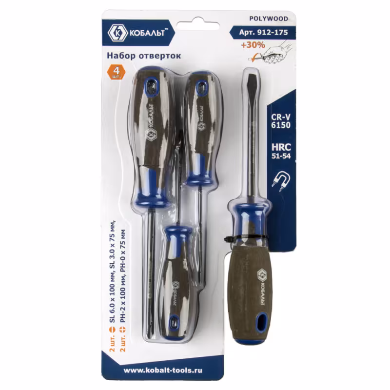 Набор отверток PH, SL Кобальт CR-V Polywood 912-175