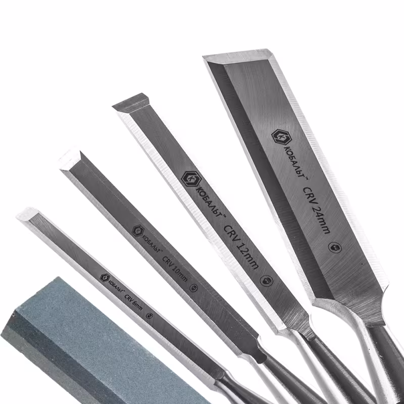 Набор плоских стамесок в кейсе Кобальт 245-695: 6,12,18,24 х 140 мм, точильный камень