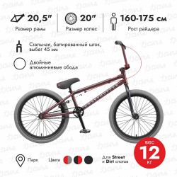 Велосипед BMX подростковый TECH TEAM GRASSHOPPER BMX 20, рост 20,5, 1 скорость, красный/серый