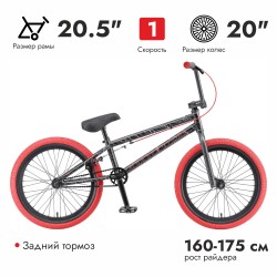 Велосипед BMX подростковый TECH TEAM GRASSHOPPER BMX 20, рост 20,5, 1 скорость,  черный/красный