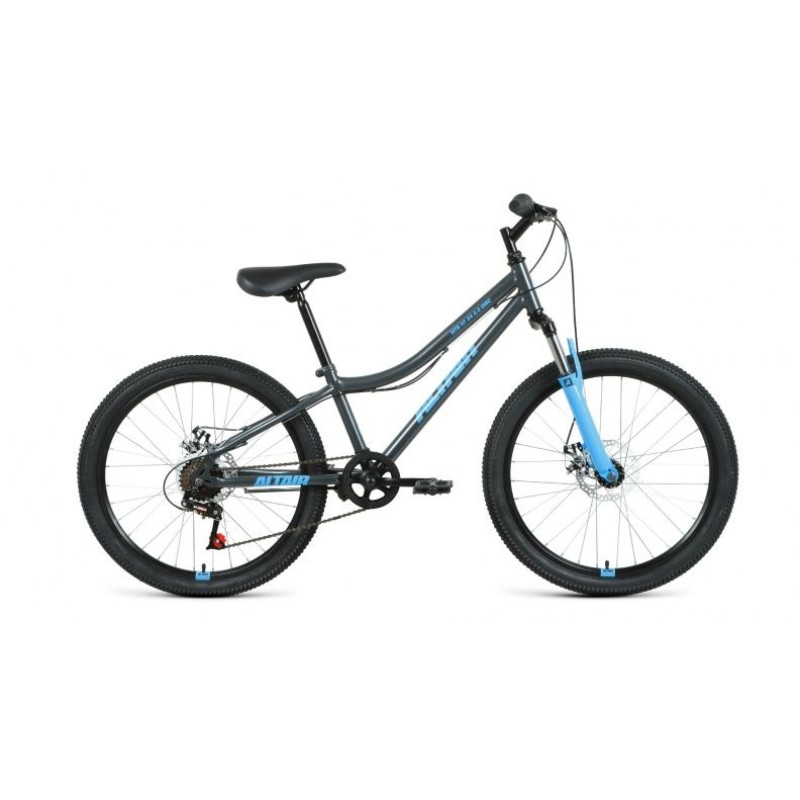Велосипед горный хардтейл подростковый ALTAIR MTB HT 24 2.0 disс, рост 12, 6 скоростей, темно-серый/голубой 