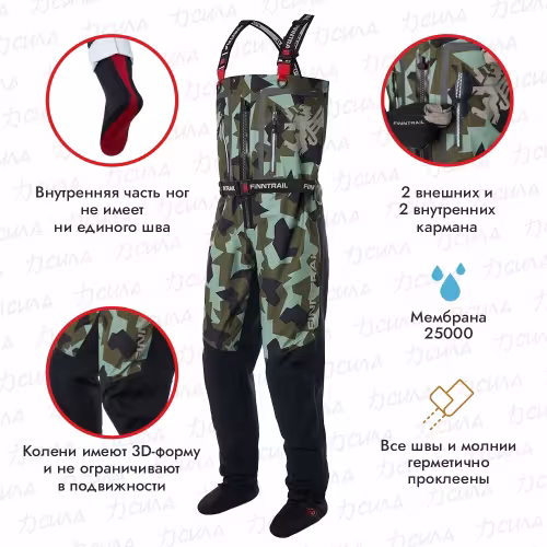 Полукомбинезон-вейдерсы Finntrail Speedmaster-Z, мембрана Hard-Tex, зеленый камуфляж, размер 48-50 (M), 170-180 см