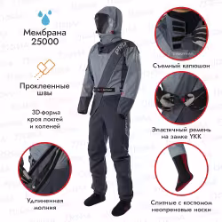 Комбинезон-вейдерсы Finntrail Drysuit PRO 2504, мембрана Hard-Tex, серый, размер 50-52 (L), 165-175 см