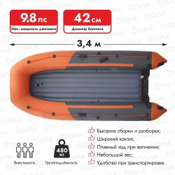 Надувная лодка ПВХ Flinc BoatsMan BT340А, НДНД, графит/оранжевый