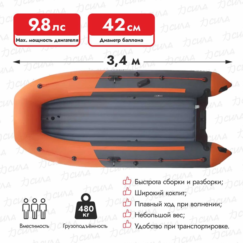 Надувная лодка ПВХ Flinc BoatsMan BT340А, НДНД, графит/оранжевый