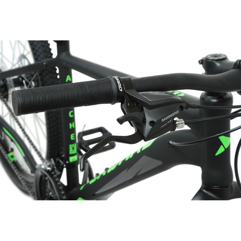 Велосипед горный хардтейл взрослый FORWARD APACHE 27.5 2.2 S disc, рост 17, 21 скоростей, черный матовый/ярко-зеленый