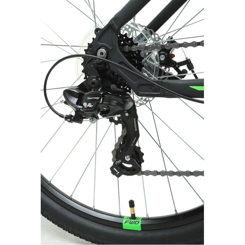 Велосипед горный хардтейл взрослый FORWARD APACHE 27.5 2.2 S disc, рост 17, 21 скоростей, черный матовый/ярко-зеленый