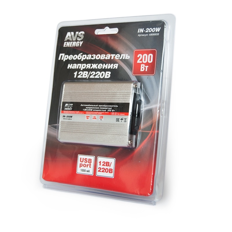 Автоинвертор 12 > 220 В, 200 Вт, AVS A80683S