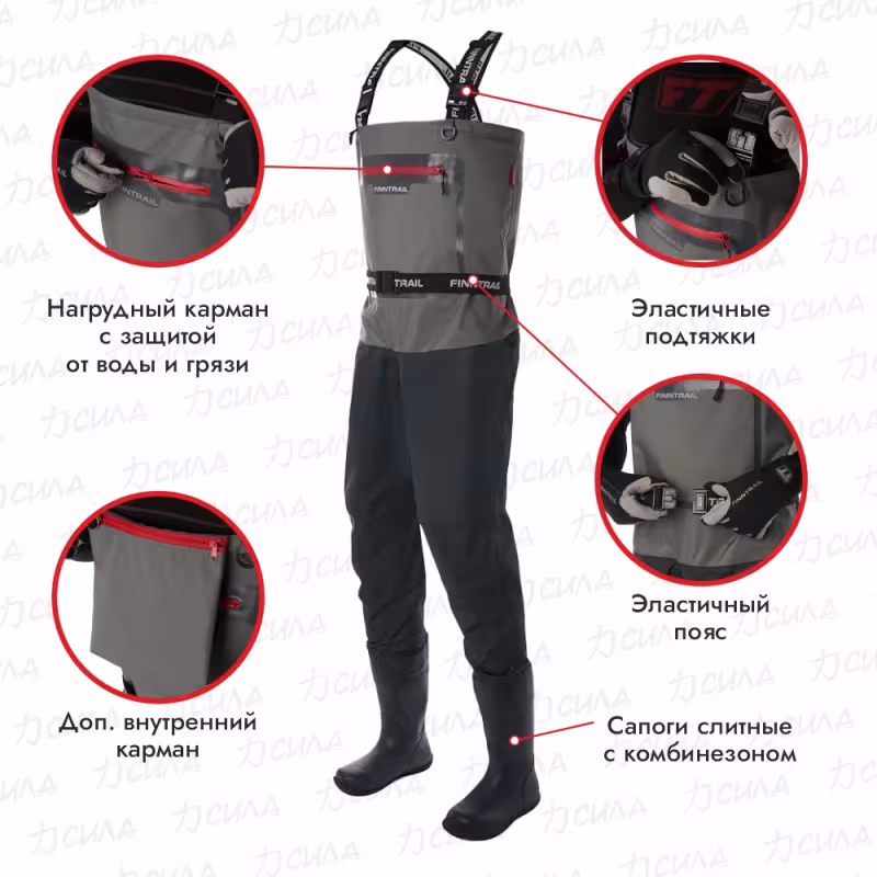 Полукомбинезон-вейдерсы Finntrail Airman 5260 Grey, мембрана Hard-Tex, серый, размер S/41, 165-175 см