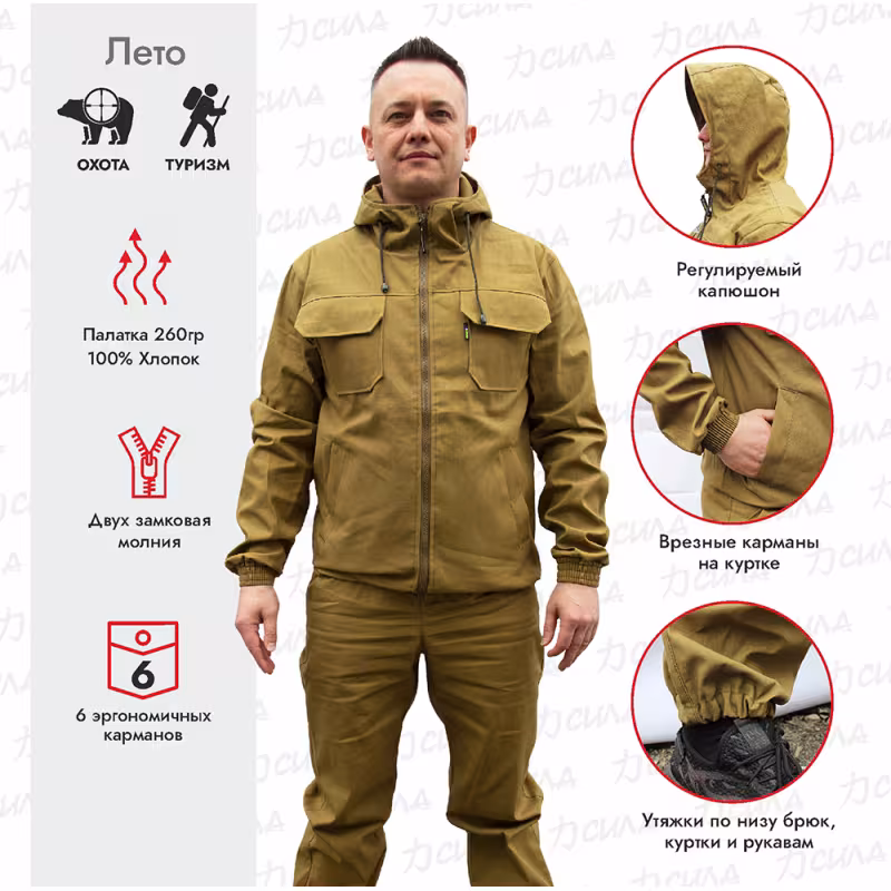 Костюм мужской OneRus Егерь, ткань Палатка, темный хаки, размер 44-46 (S), 170-176 см
