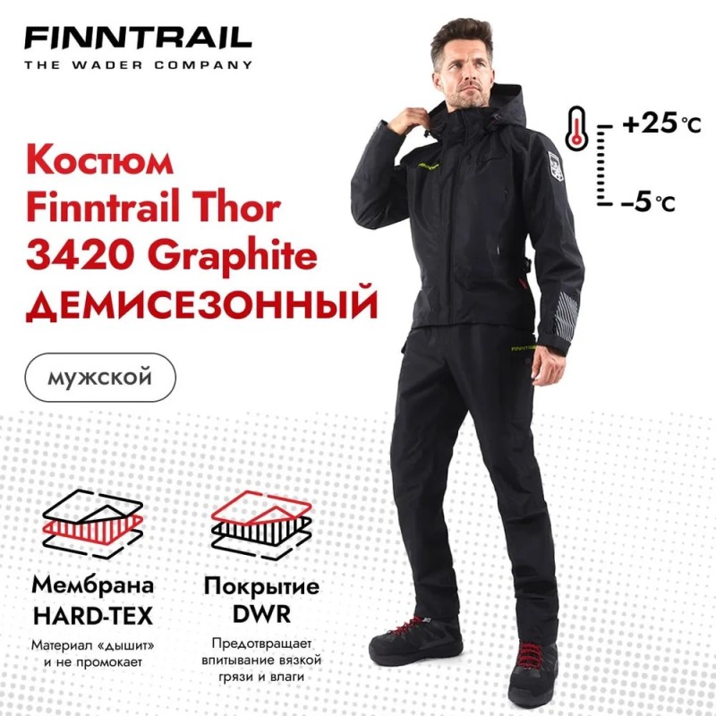 Костюм мужской Finntrail Thor 3420 Graphite, мембрана Hard-Tex, графит, размер S, 165-175 см