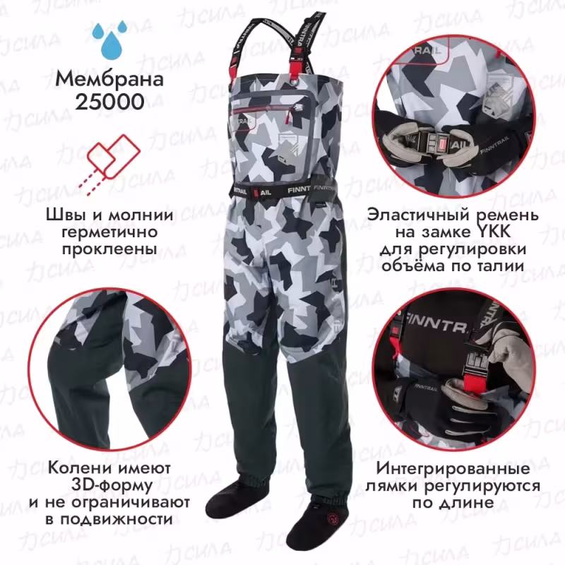 Полукомбинезон-вейдерсы Finntrail Speedmaster, мембрана Hard-­Tex, серый камуфляж, размер 50-52 (LL), 185-195 см