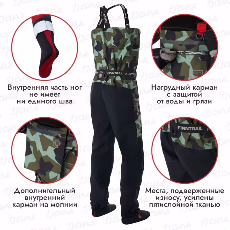 Полукомбинезон-вейдерсы Finntrail Speedmaster, мембрана Hard-­Tex, зеленый камуфляж, размер 50-52 (L), 175-185 см