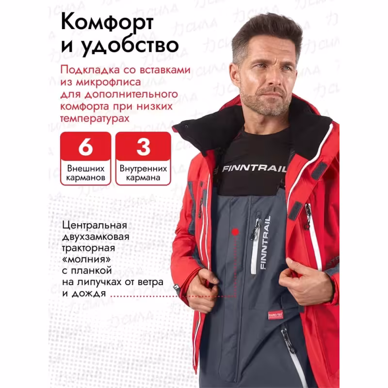 Костюм мужской Finntrail Atlas 3440, ткань Рипстоп/мембрана Hard-Tex, красный, размер 50-52 (L), 175-185 см