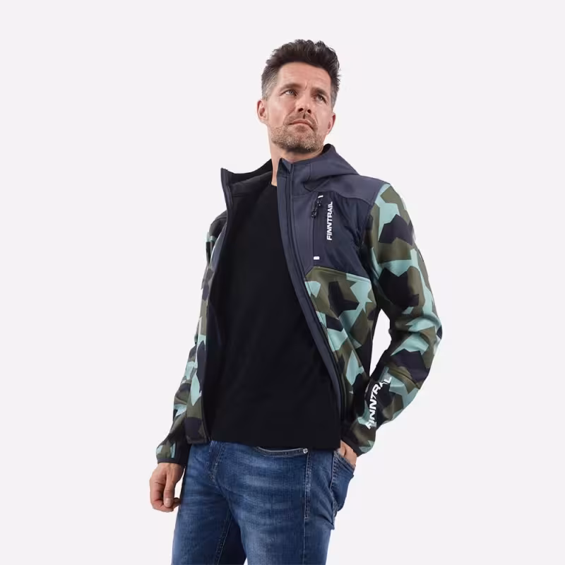 Куртка мужская Finntrail Softshell Nitro1320 CamoArmy, ткань Софтшелл, зеленый камуфляж/черный, размер 44-46 (S), 165-175 см