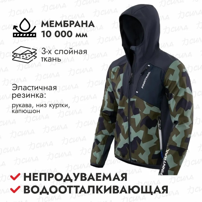 Куртка мужская Finntrail Softshell Nitro 1320 CamoArmy, ткань Софтшелл, зеленый камуфляж/черный, размер M, 170-180 см