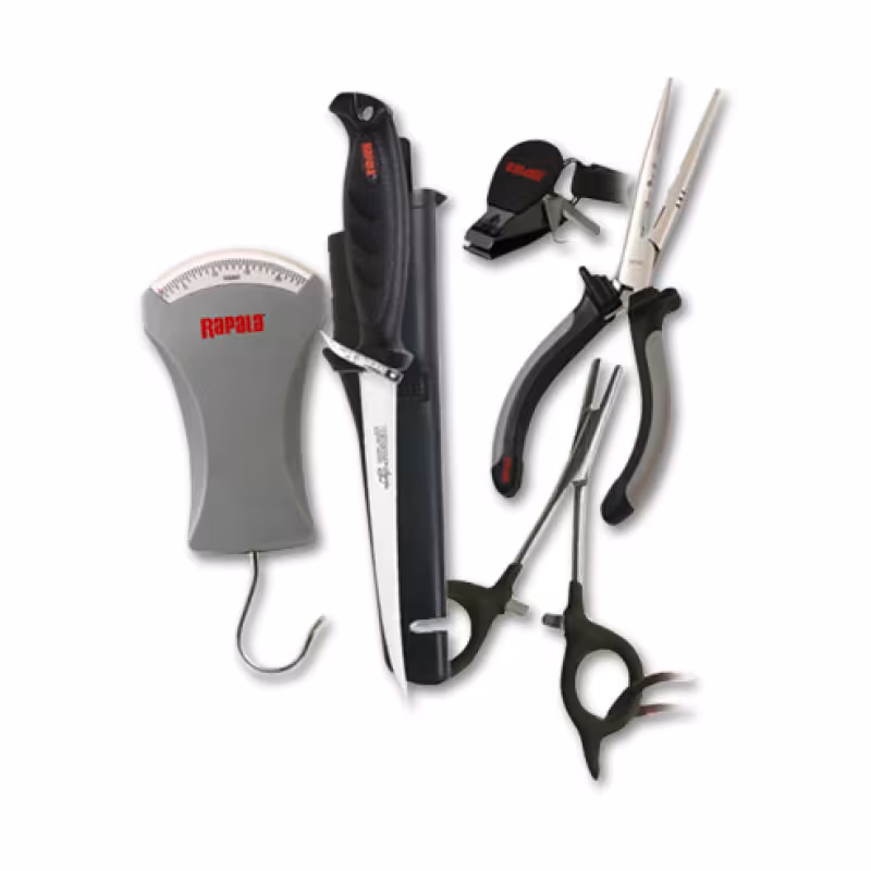 Набор рыболовный Rapala 4 BP136PFS (щипцы, плоскогубцы, безмен, филейный нож с ножнами, ремешок)