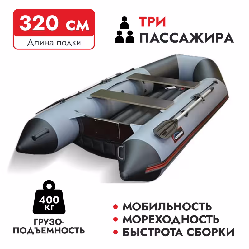 Надувная лодка ПВХ HunterBoat 320 ЛКА, НДНД, серый