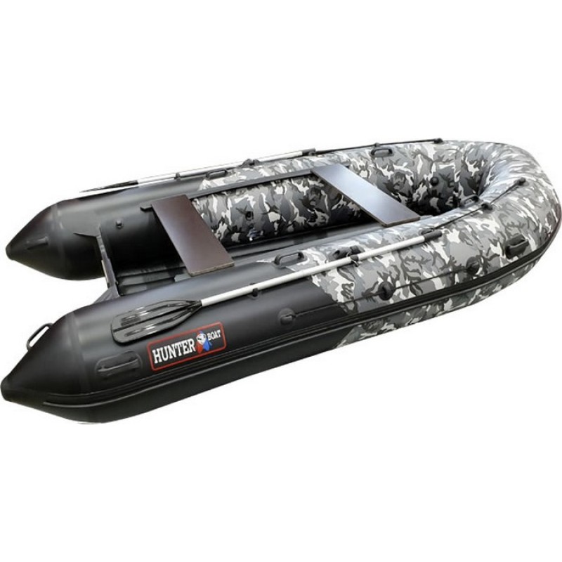 Надувная лодка ПВХ HunterBoat 380 ПРО, НДНД, серый/черный камуфляж