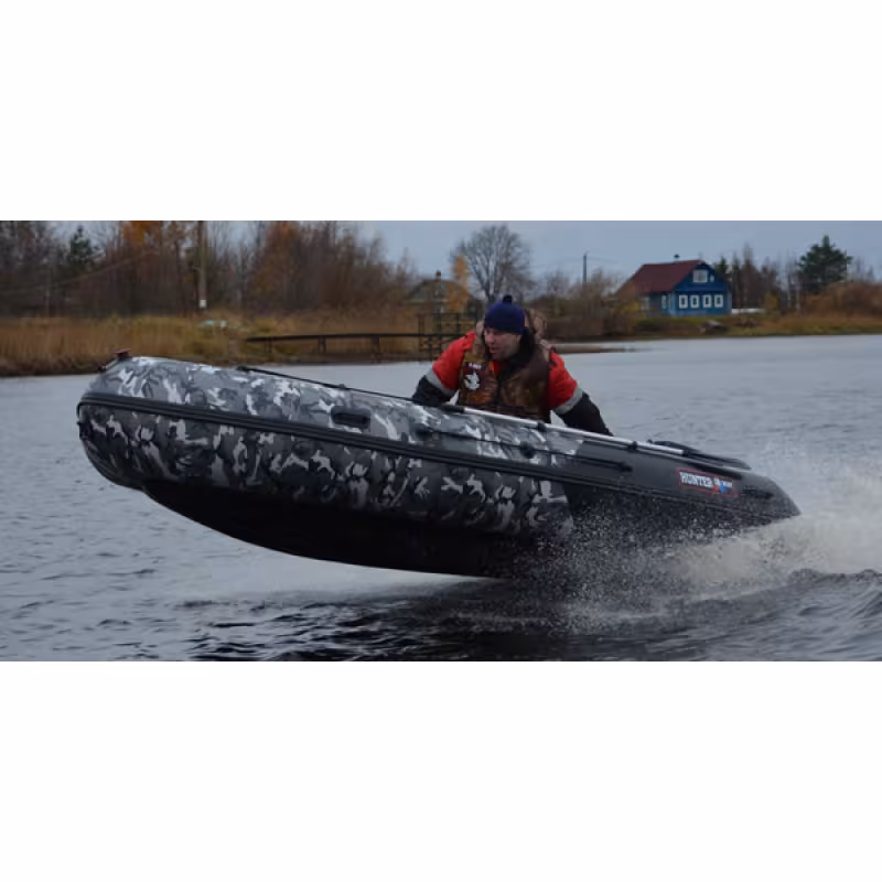 Надувная лодка ПВХ HunterBoat 380 ПРО, НДНД, серый/черный камуфляж