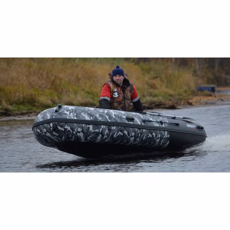 Надувная лодка ПВХ HunterBoat 380 ПРО, НДНД, серый/черный камуфляж